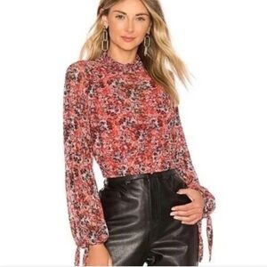 Free People All Dolled Up Orange Red Mesh Floral Tie Long Sleeve Blouse L
